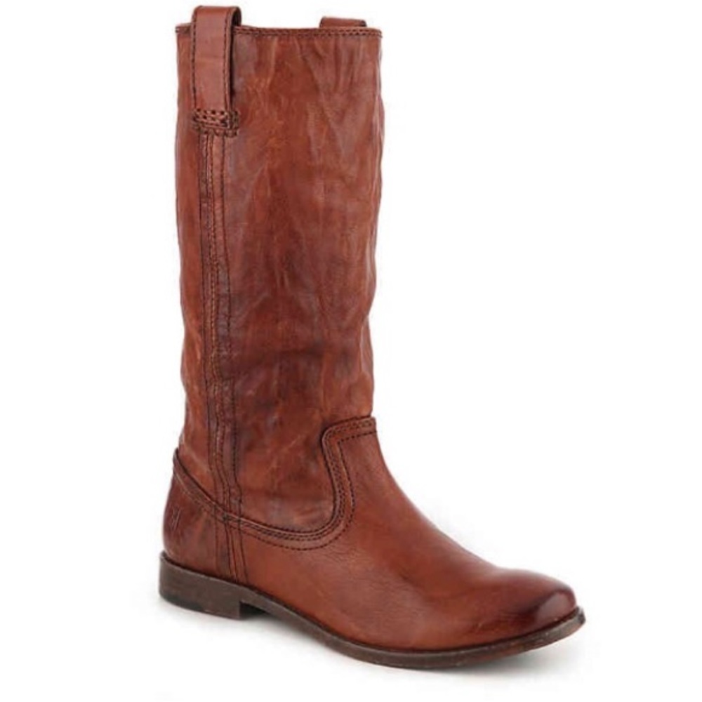 FRYE Anne Distressed Carmel Leather Mid-Calf Pull Up Boots, size 10M
